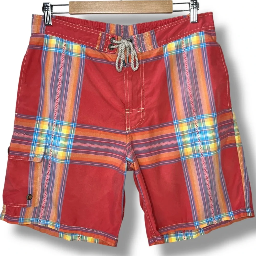 Polo Ralph Lauren Surfer Swim‎ Trunks Red Southwest Plaid Board Shorts Men's M